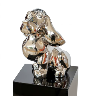 قیمت خوب مجسمه سگ استیل ضد زنگ مدرن با آینه | مجسمه لوکس کارتونی Basset Hound برای دکور خانه و دفتر آنلاین