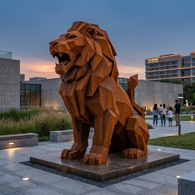 قیمت خوب مجسمه شیر بزرگ مدرن هندسی از فولاد کورتن، اثر هنری نمادین باغ در فضای باز آنلاین
